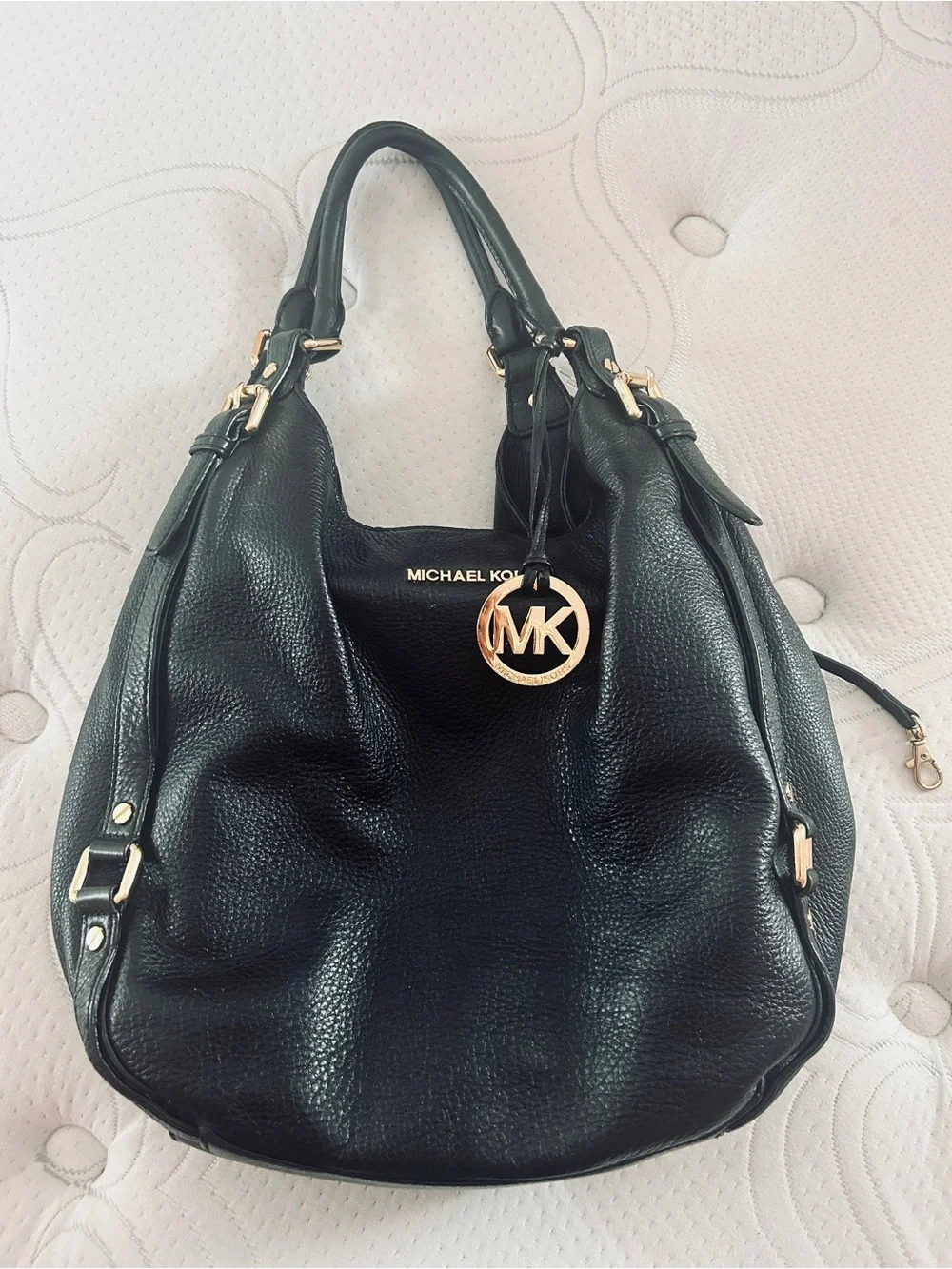 Michael Kors Black Pebbled Leather Hobo with Gold MK Charm